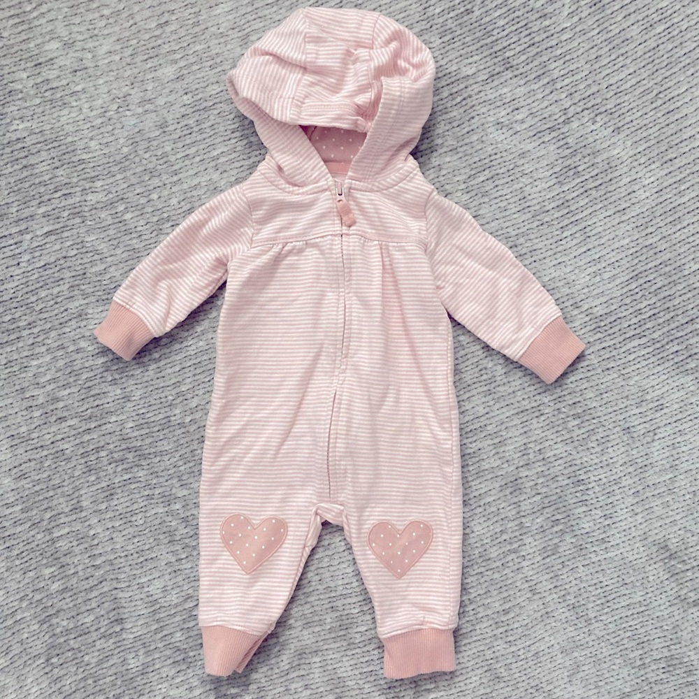 Carter’s 3M Pink Striped Hooded One-Piece With Heart Knee Patches‎ Cotton